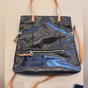 Hobo black leather top handle convertible fold over crossbody bag
